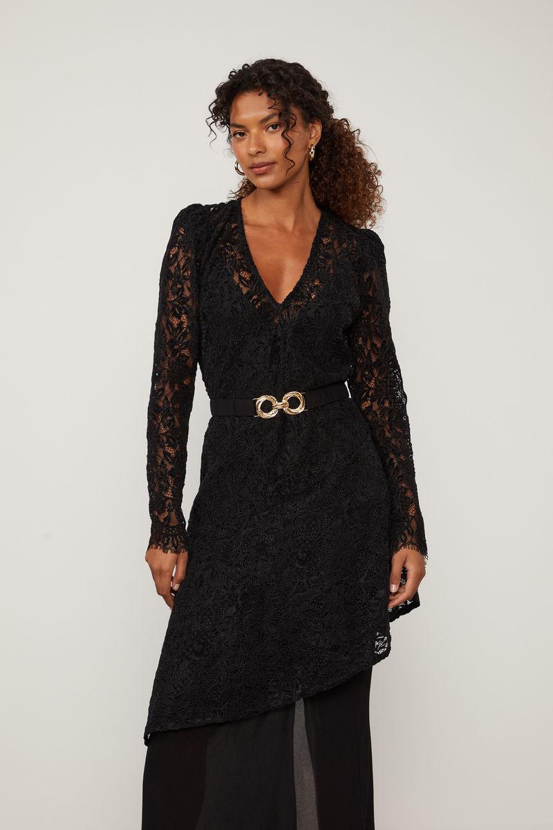 Vestido De Renda Longo Manga Longa Preto Decote v Com Cinto