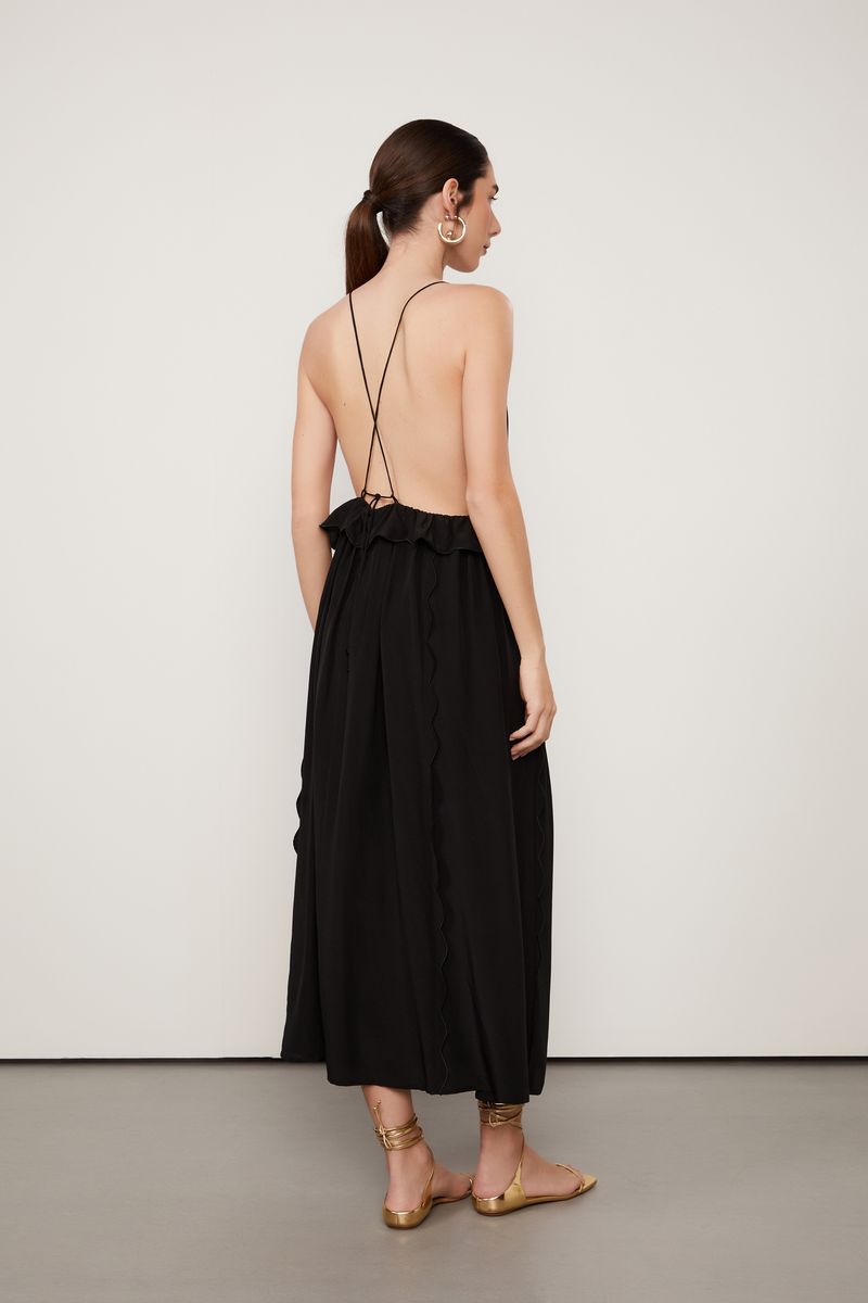 Vestido De Seda Midi Preto Borda Festonê