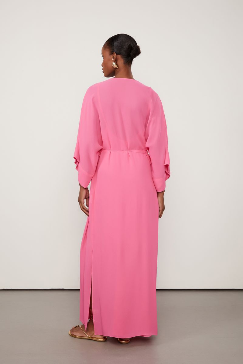 Vestido De Georgette Pesado Longo Rosa Kimono