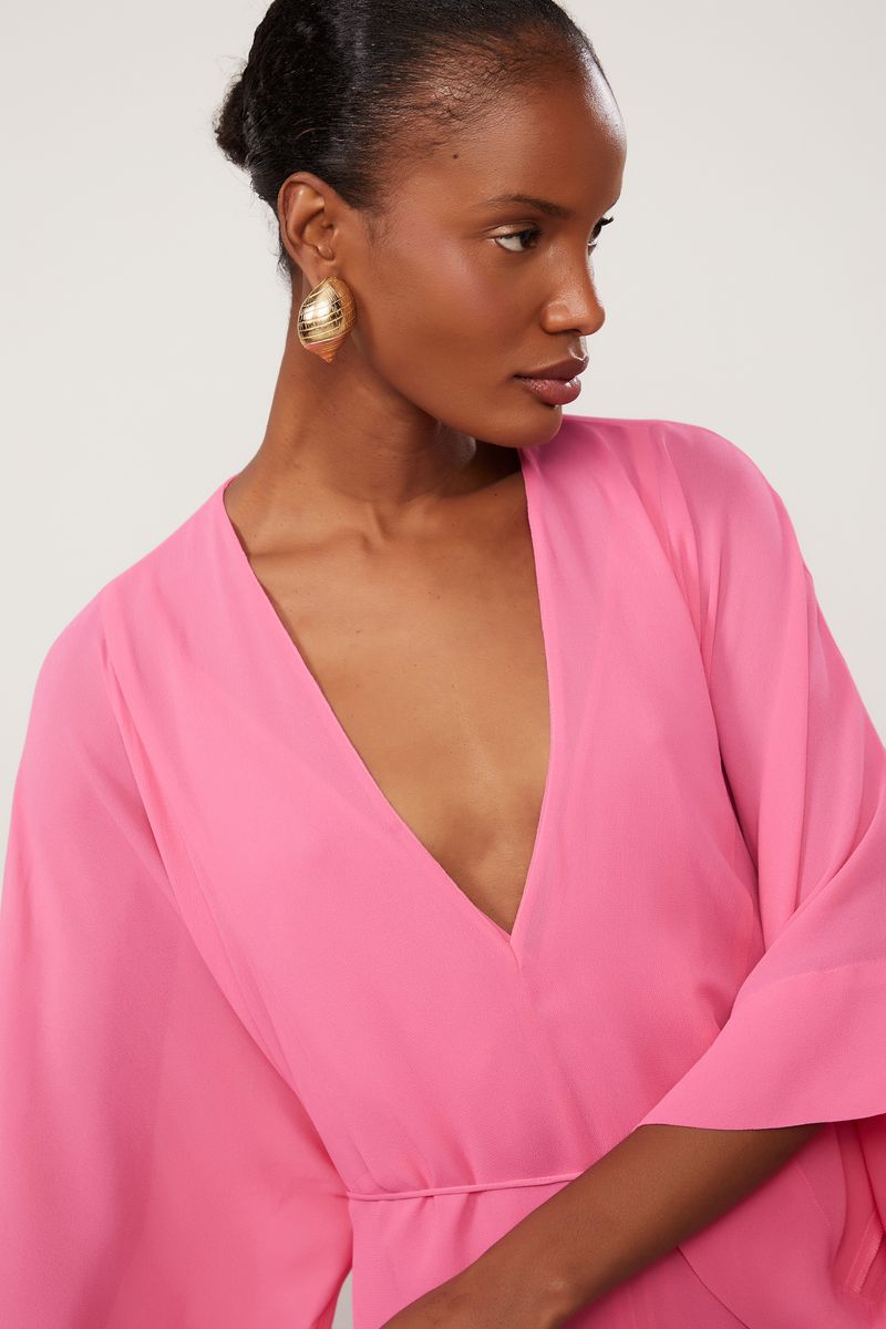 Vestido De Georgette Pesado Longo Rosa Kimono