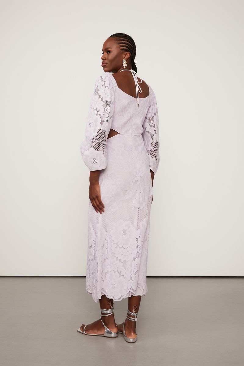Vestido De Renda Midi Lilás Manga Ampla