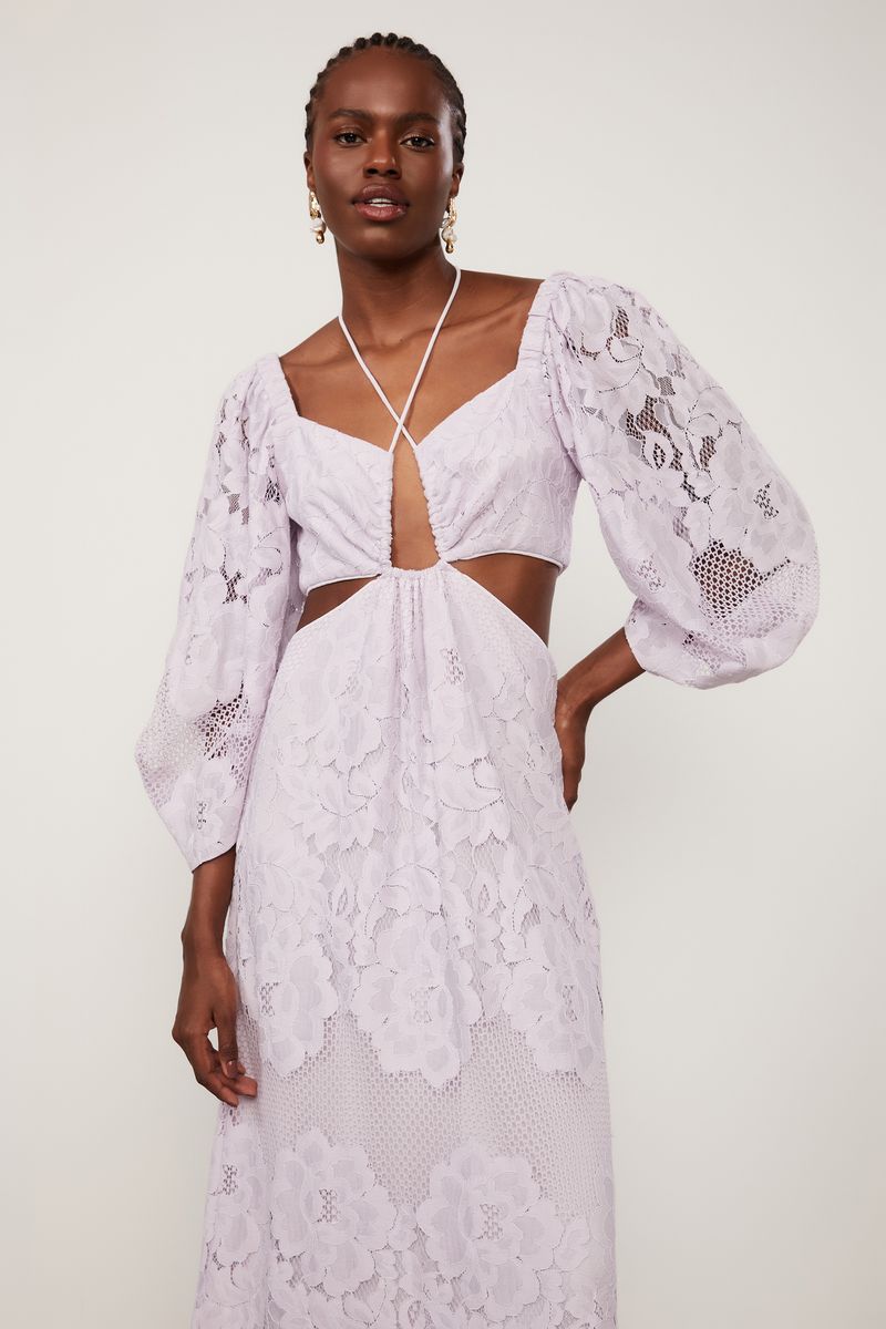 Vestido De Renda Midi Lilás Manga Ampla