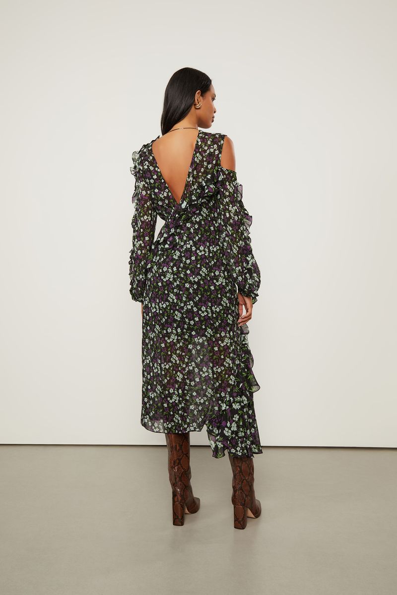 Vestido De Georgette Leve Midi Assimétrico Estampado Manga Longa