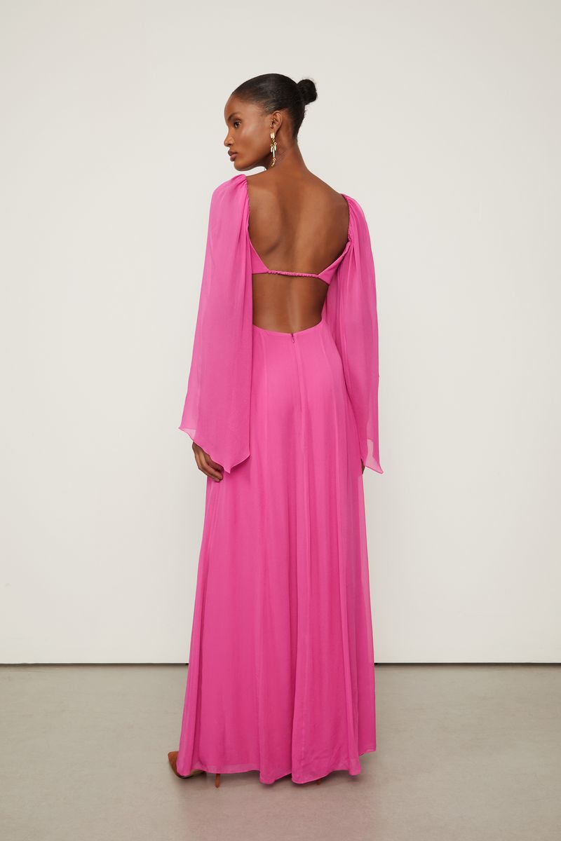 Vestido De Georgette Leve Longo Manga Longa Rosa Fendas