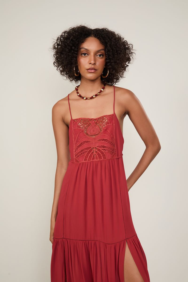 Vestido De Georgette Pesado Midi Nautico Com Pala De Renda