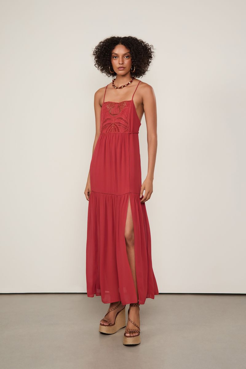 Vestido De Georgette Pesado Midi Nautico Com Pala De Renda