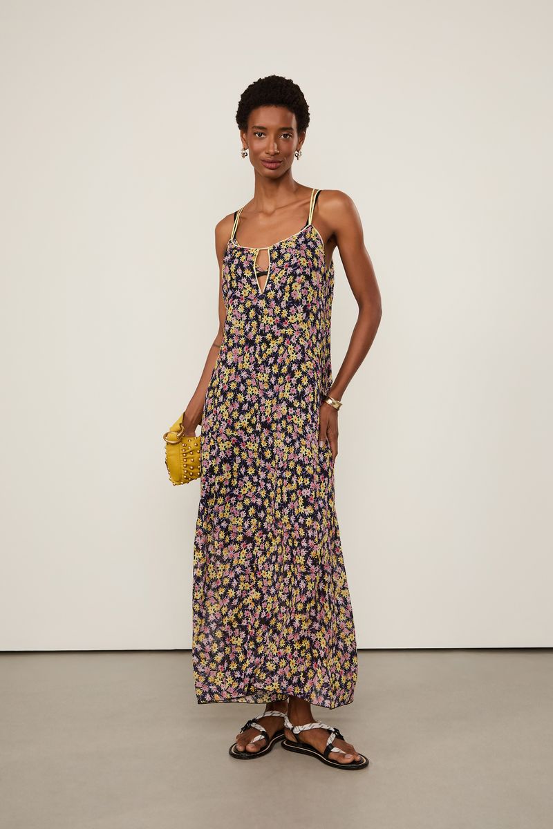 Vestido De Georgette Longo Recorte Com Vivos Estampa Liberty Arte