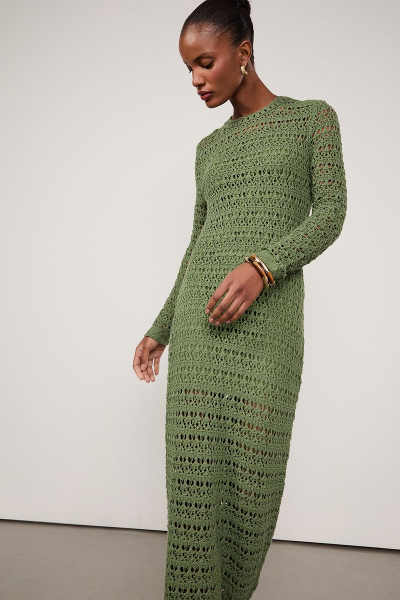 Vestido De Tricot Manga Longa Ponto Renda